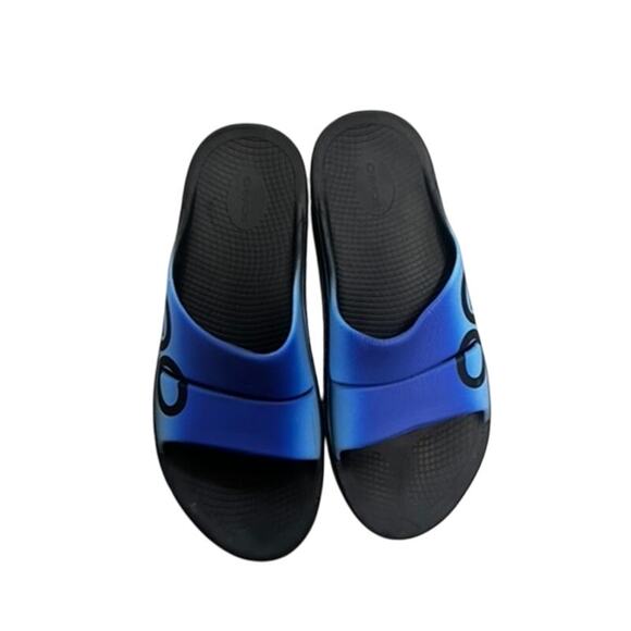 OOFOS OOahh Sport Intl Azul US Men's 14 Womens 16 EU 47 slip on slide Blue black - Picture 5 of 8